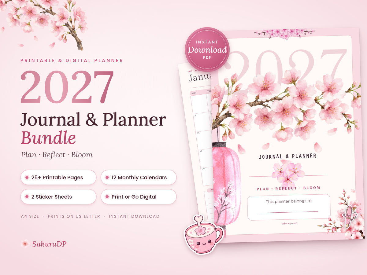 2027 Planner Printable, Cherry Blossom Journal Bundle, Monday Start Calendar, Weekly & Daily Planner, Habit Tracker, A4 PDF
