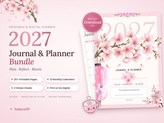 2027 Planner Printable, Cherry Blossom Journal Bundle, Monday Start Calendar, Weekly & Daily Planner, Habit Tracker, A4 PDF