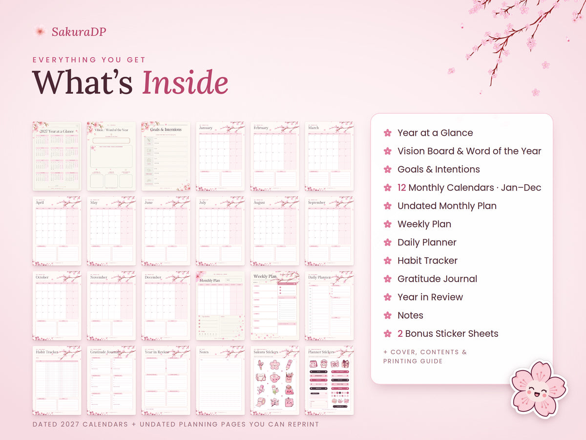 2027 Planner Printable, Cherry Blossom Journal Bundle, Monday Start Calendar, Weekly & Daily Planner, Habit Tracker, A4 PDF