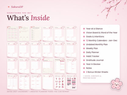 2027 Planner Printable, Cherry Blossom Journal Bundle, Monday Start Calendar, Weekly & Daily Planner, Habit Tracker, A4 PDF
