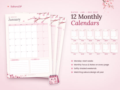 2027 Planner Printable, Cherry Blossom Journal Bundle, Monday Start Calendar, Weekly & Daily Planner, Habit Tracker, A4 PDF