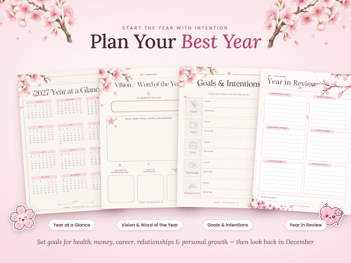 2027 Planner Printable, Cherry Blossom Journal Bundle, Monday Start Calendar, Weekly & Daily Planner, Habit Tracker, A4 PDF