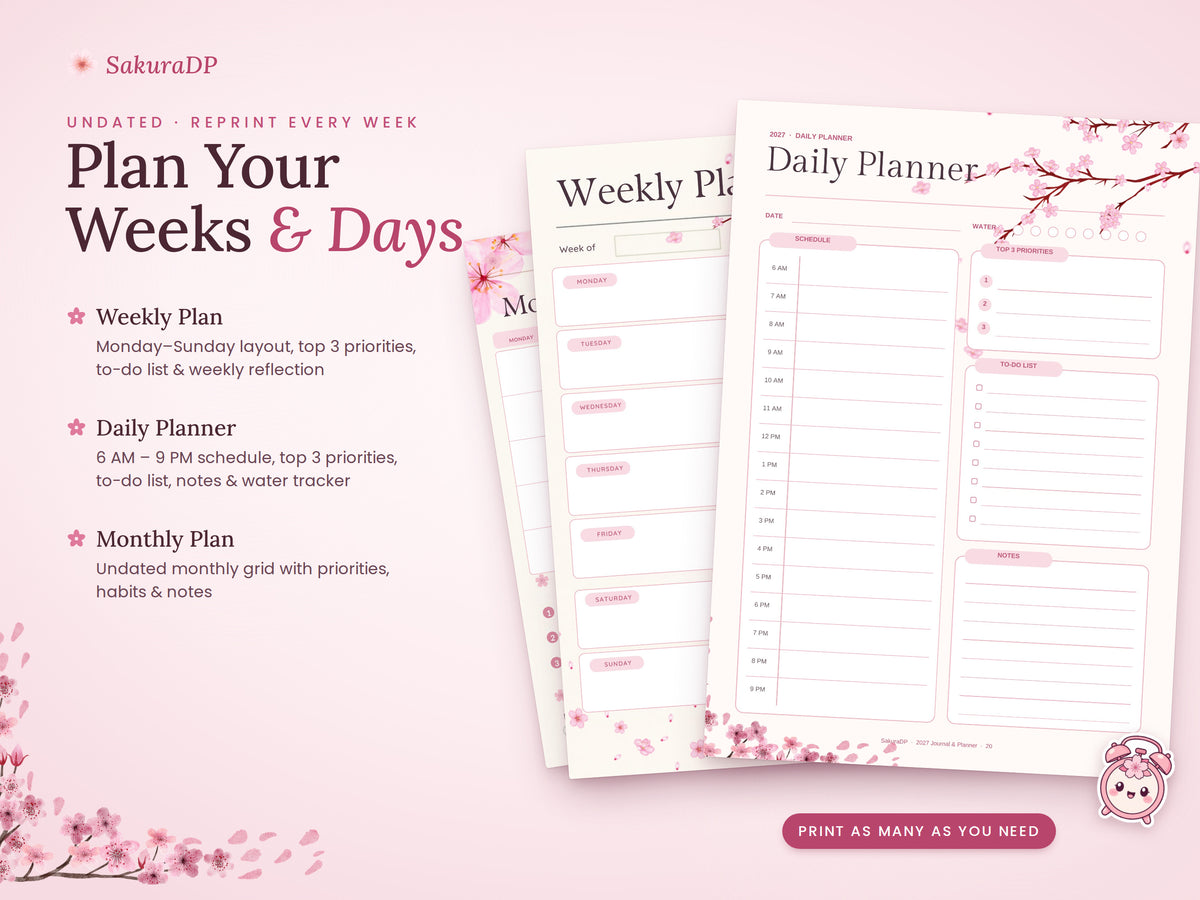 2027 Planner Printable, Cherry Blossom Journal Bundle, Monday Start Calendar, Weekly & Daily Planner, Habit Tracker, A4 PDF