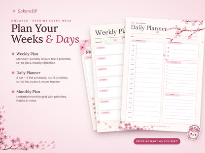 2027 Planner Printable, Cherry Blossom Journal Bundle, Monday Start Calendar, Weekly & Daily Planner, Habit Tracker, A4 PDF