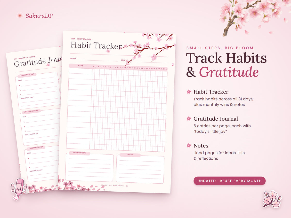 2027 Planner Printable, Cherry Blossom Journal Bundle, Monday Start Calendar, Weekly & Daily Planner, Habit Tracker, A4 PDF