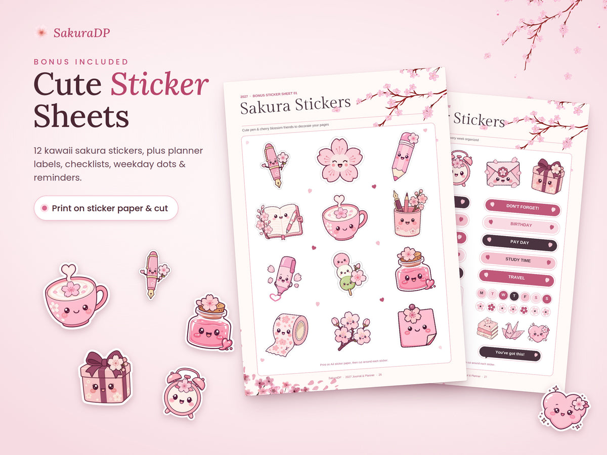 2027 Planner Printable, Cherry Blossom Journal Bundle, Monday Start Calendar, Weekly & Daily Planner, Habit Tracker, A4 PDF