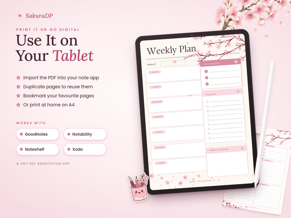 2027 Planner Printable, Cherry Blossom Journal Bundle, Monday Start Calendar, Weekly & Daily Planner, Habit Tracker, A4 PDF